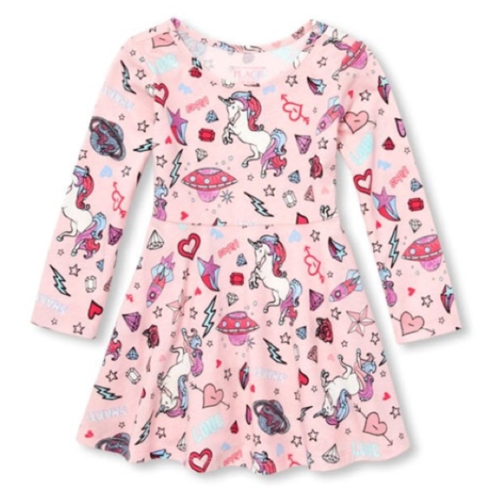 Girl’s Unicorn Doodle Print Knit Dress Size 3T